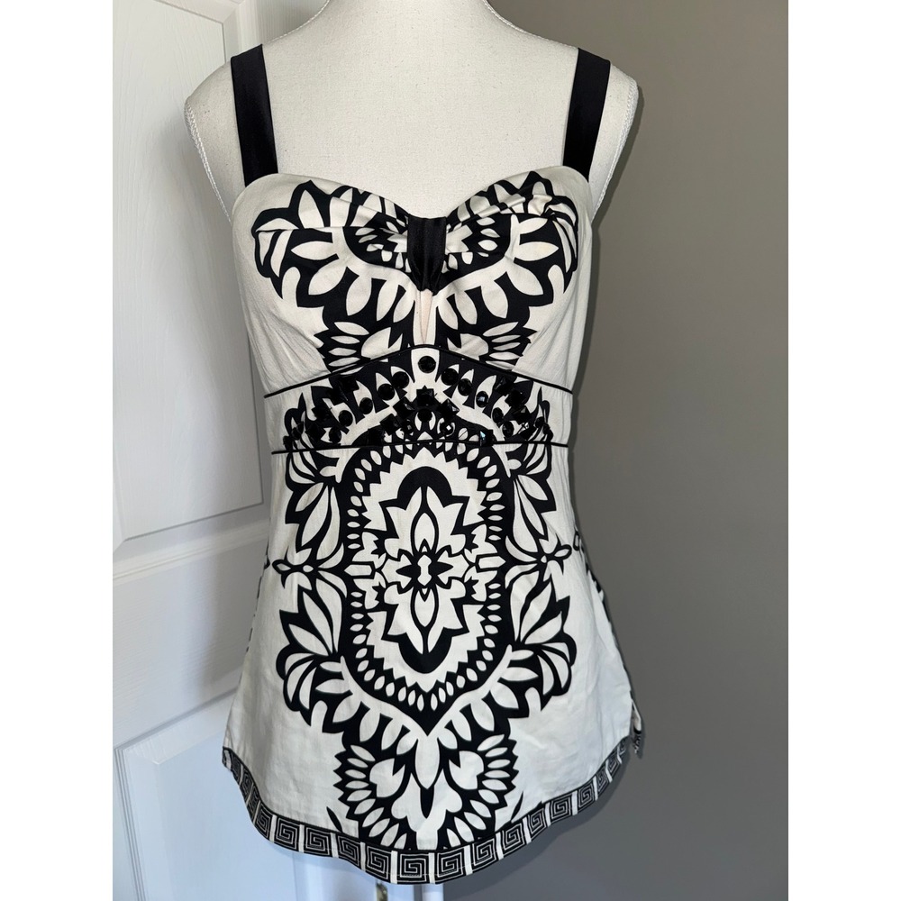 Hale Bob Y2K Black Ivory Embellished Cami Top Beaded Bustier Statement Small